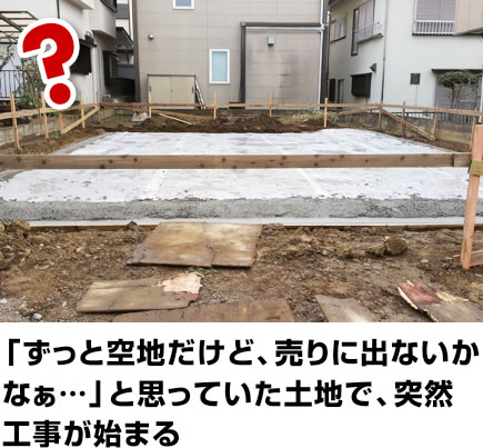 「ずっと空地だけど、売りに出ないかなぁ…」と思っていた土地で、突然工事が始まる