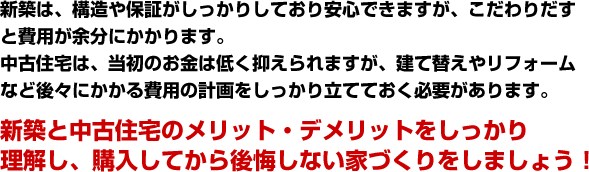 新築は構造や保証がしっかりしており安心できますがこだわりだすと費用が余分にかかります 中古住宅は当初のお金は低く抑えられますが建て替えやリフォームなど後々にかかる費用の計画をしっかり立てておく必要があります 新築と中古住宅のメリット デメリットをしっかり理解し購入してから後悔しない家づくりをしましょう